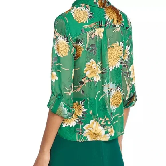 Alice + Olivia Eloise Green Floral Silk Burnout Roll Cuff Blouse Women’s Small - Picture 3 of 14